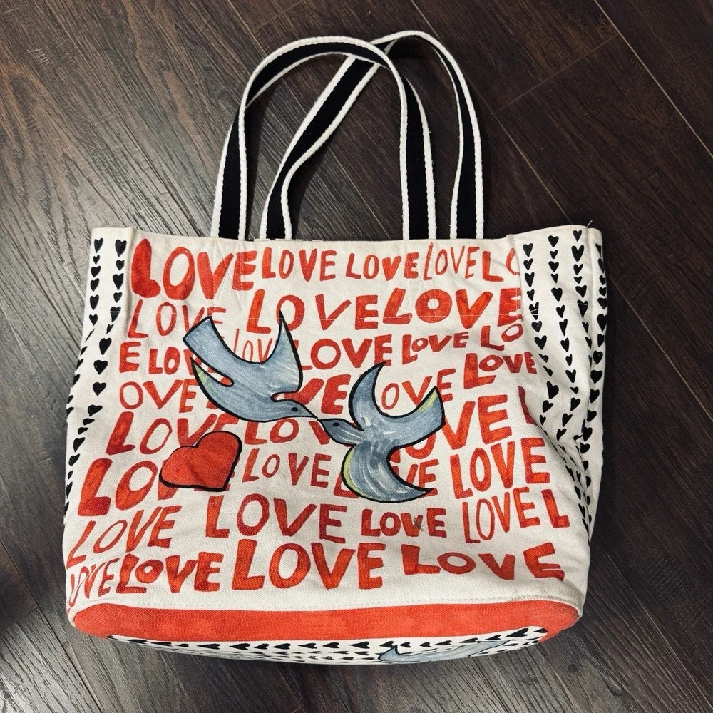 Brighton‎ Love Heart Canvas Tote Bag Red Black White Large Shoulder Handbag